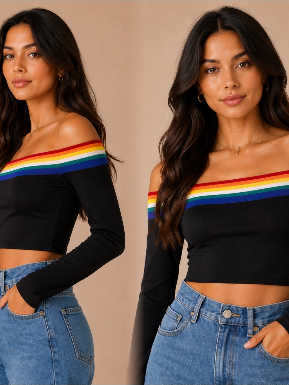Iris Basic Black Off-Shoulder Crop Top with Rainbow Stripe